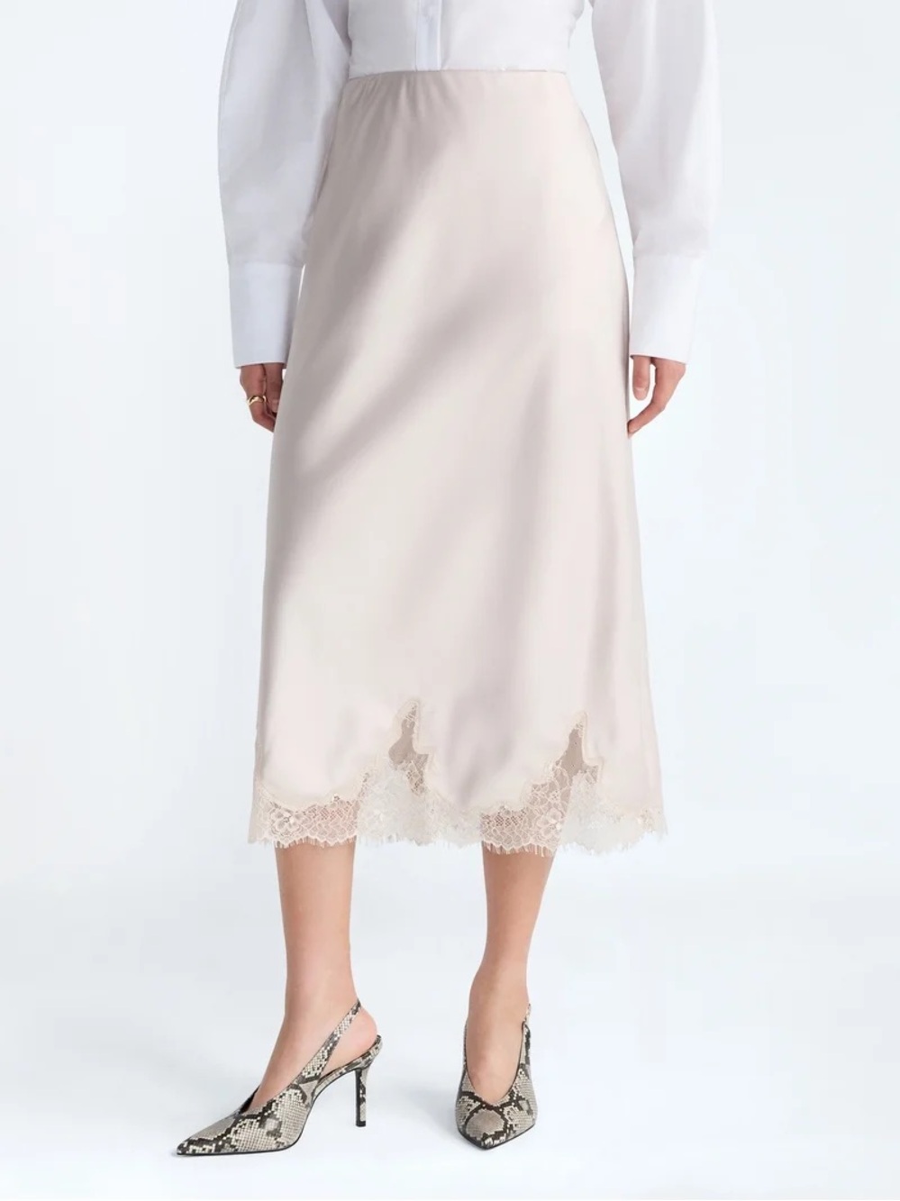 Scoop Women's Midi Slip Skirt with Lace Trim in Champagne Mist